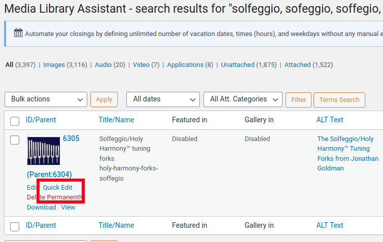 Media Library Assistant plugin's main display of a media item's details. See at a glance if the Alt tag and other fields are correct, or click Edit (to crop or rotate the image) or Quick Edit (to edit the text fields)