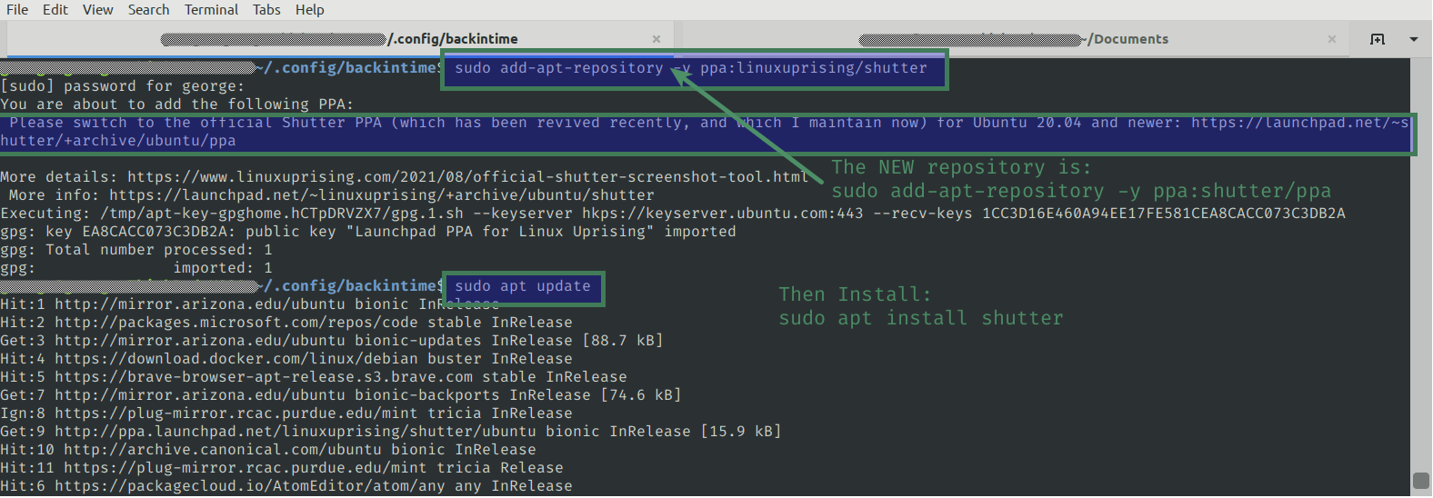 Linux command line details to install Shutter with proper repository for loading all required libraries