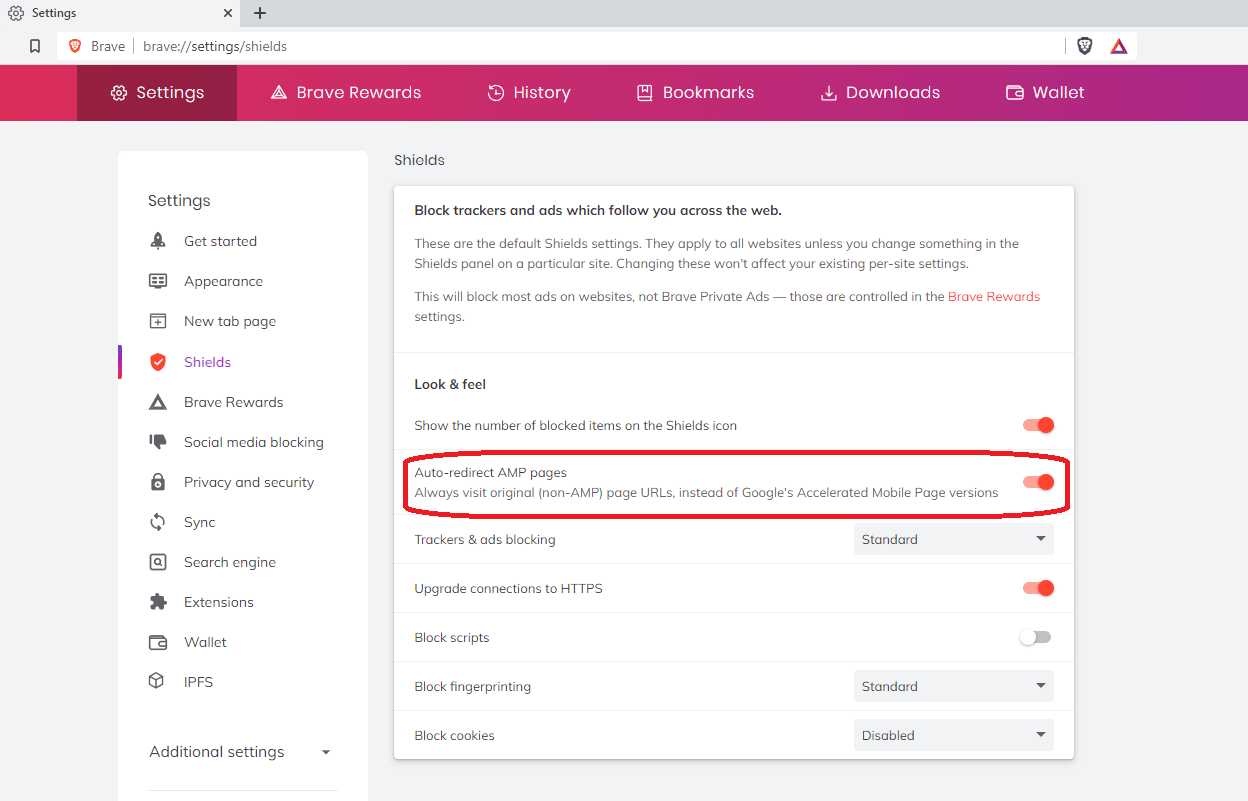Brave browser, settings, shields, "Auto-redirect AMP pages"