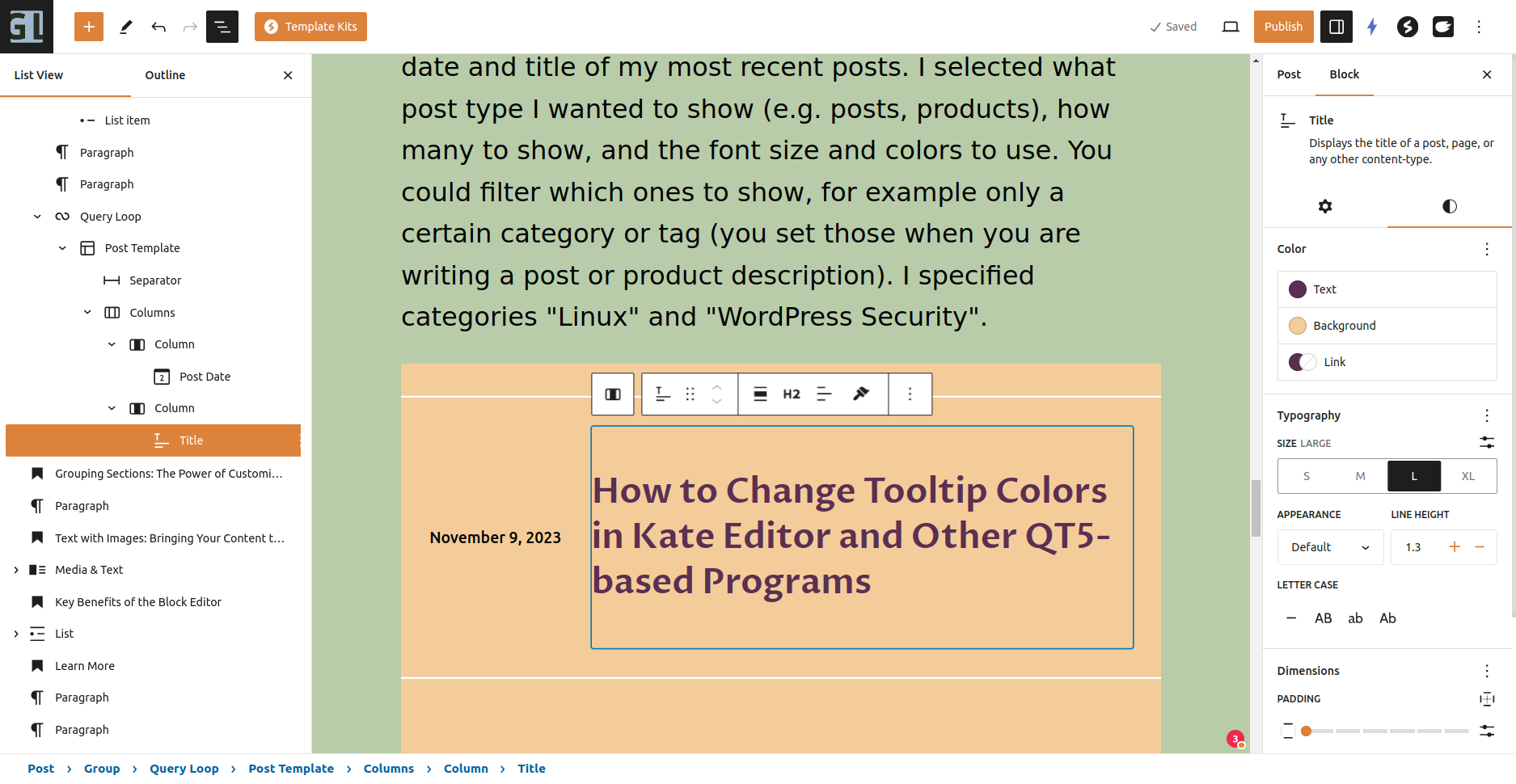 block editor, with List View opened on the left, and Settings panel for the selected block (the page Title in a Query Loop block)